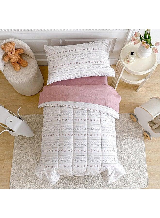 Joyreap 4 Piece Cotton Toddler Bedding Set for Girls, Flower Stripes Boho Design, Soft Breathable Cotton Toddler Comforter Set, Includes Quilted Comforter, Fitted Sheet, Top Sheet, and Pillow Case - Image 1