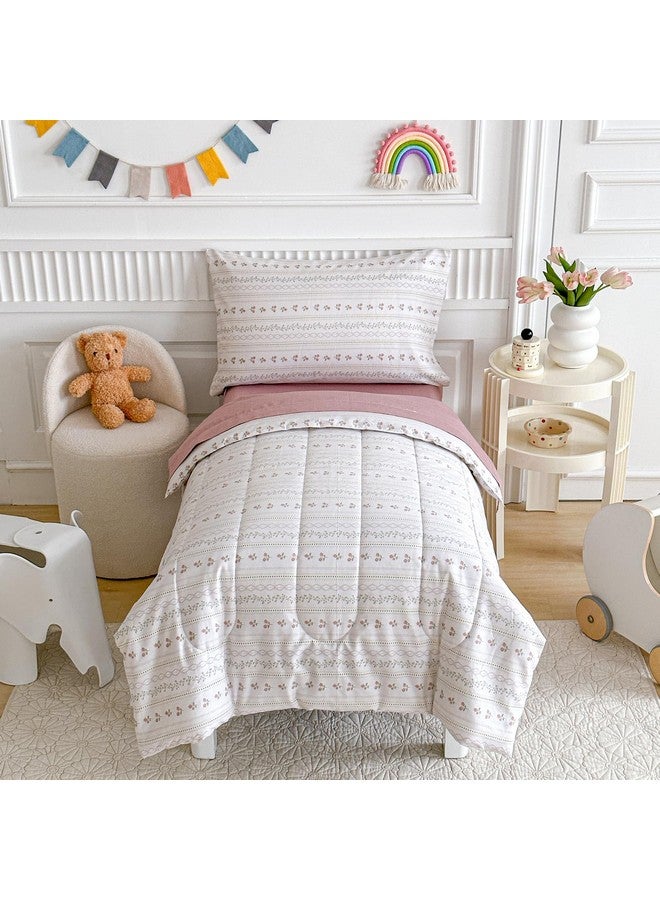 Joyreap 4 Piece Cotton Toddler Bedding Set for Girls, Flower Stripes Boho Design, Soft Breathable Cotton Toddler Comforter Set, Includes Quilted Comforter, Fitted Sheet, Top Sheet, and Pillow Case - Image 4