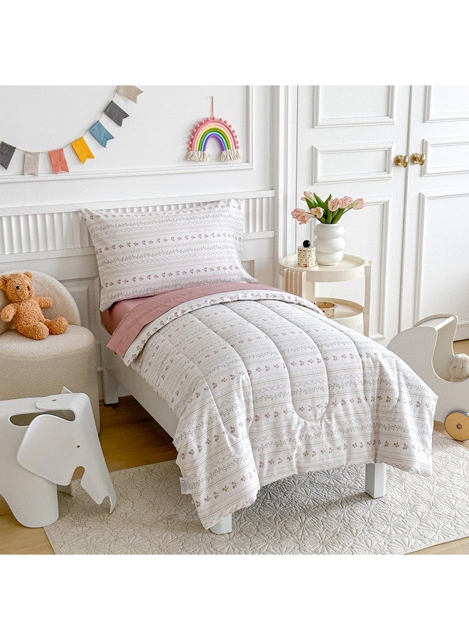 Joyreap 4 Piece Cotton Toddler Bedding Set for Girls, Flower Stripes Boho Design, Soft Breathable Cotton Toddler Comforter Set, Includes Quilted Comforter, Fitted Sheet, Top Sheet, and Pillow Case - Image 2