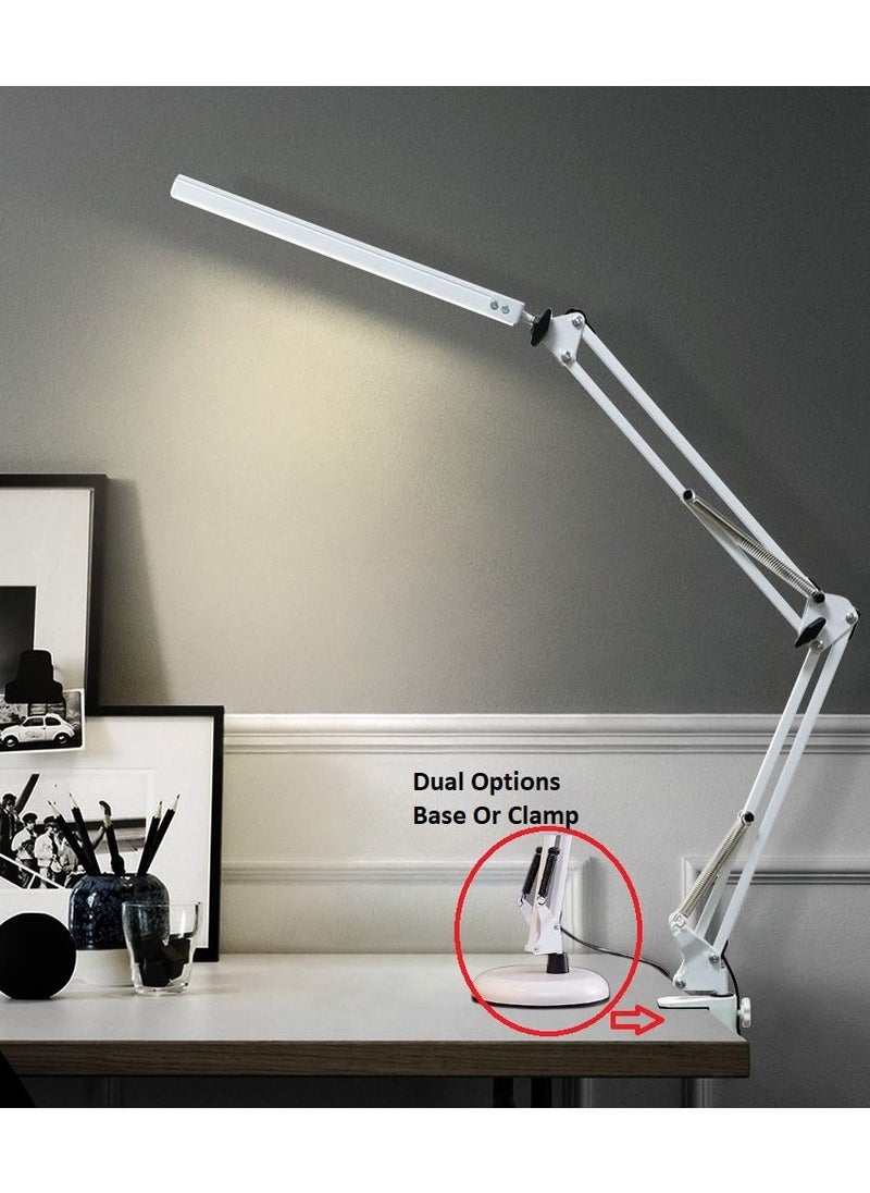 OPULENCE - Metal Swing Arm Desk Lamp Interchangeable Base Or Clamp Classic Architect Clip On Study Table Lamp Multi Joint Adjustable Arm 360 LED Rotation White Finish 3 Color LED 10 Level Dimmable (White) - Image 1