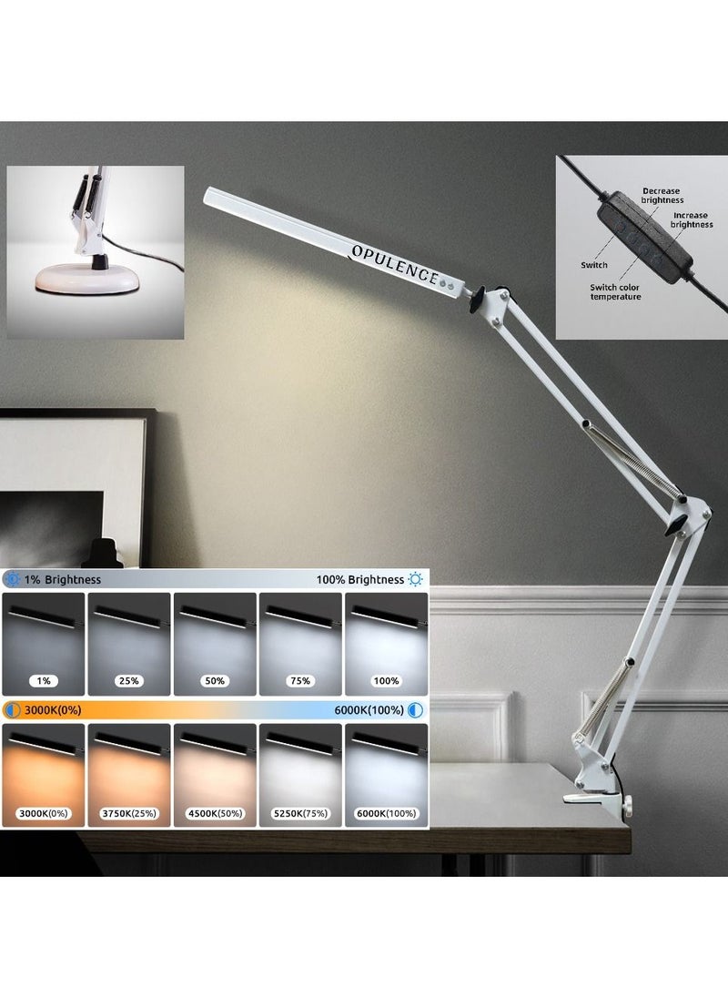 OPULENCE - Metal Swing Arm Desk Lamp Interchangeable Base Or Clamp Classic Architect Clip On Study Table Lamp Multi Joint Adjustable Arm 360 LED Rotation White Finish 3 Color LED 10 Level Dimmable (White) - Image 1