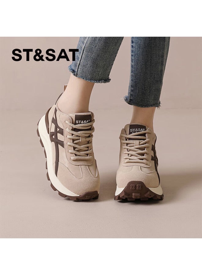 St&sat Fashion Fleece-lined Dad Sneakers Women High-top Thick-soled Trainer Shoes Comfortable Versatile Casual Sports Shoes Apricot 38 - Image 5