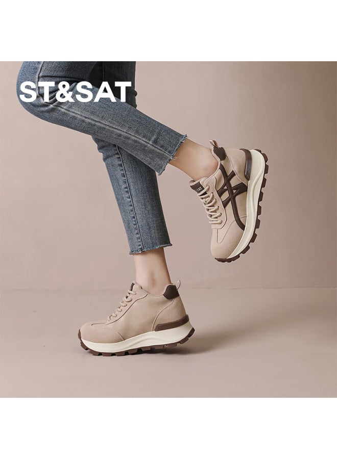 St&sat Fashion Fleece-lined Dad Sneakers Women High-top Thick-soled Trainer Shoes Comfortable Versatile Casual Sports Shoes Apricot 38 - Image 2