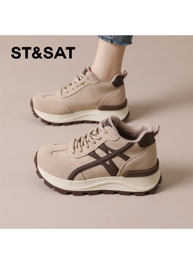 St&sat Fashion Fleece-lined Dad Sneakers Women High-top Thick-soled Trainer Shoes Comfortable Versatile Casual Sports Shoes Apricot 38 - Image 1