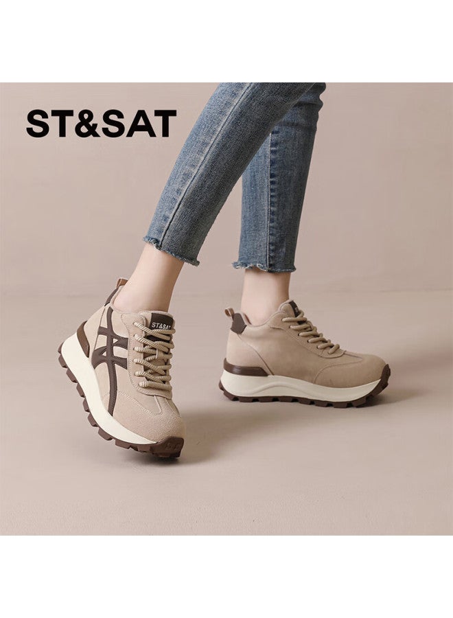 St&sat Fashion Fleece-lined Dad Sneakers Women High-top Thick-soled Trainer Shoes Comfortable Versatile Casual Sports Shoes Apricot 38 - Image 3