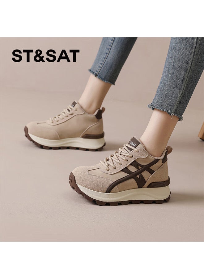 St&sat Fashion Fleece-lined Dad Sneakers Women High-top Thick-soled Trainer Shoes Comfortable Versatile Casual Sports Shoes Apricot 38 - Image 4