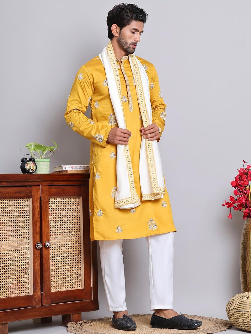 Jompers Mustard Embroidered & Sequin Kurta Pyjama With Dupatta (Mustard, L) - Image 3