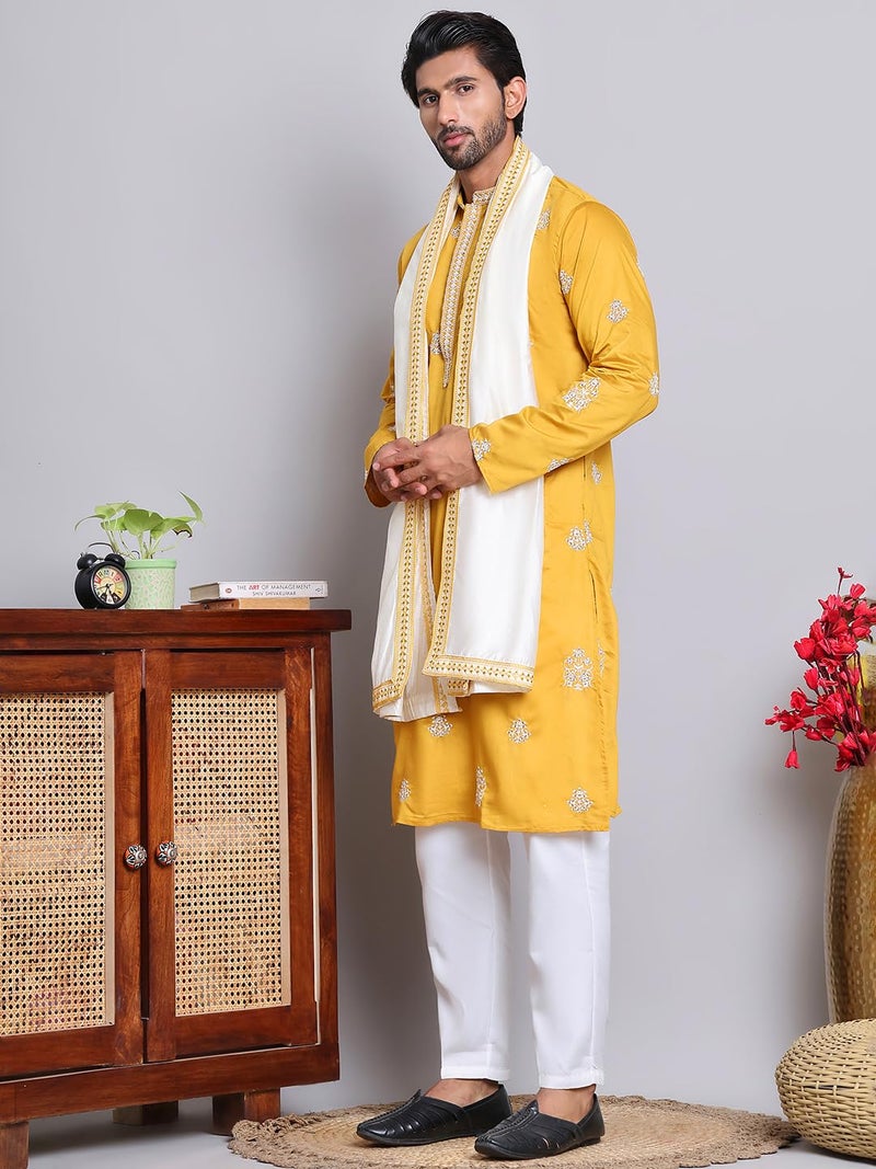 Jompers Mustard Embroidered & Sequin Kurta Pyjama With Dupatta (Mustard, L) - Image 4