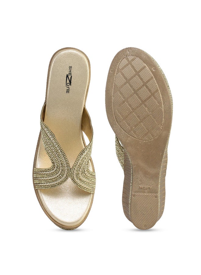 She Zone صنادل ويدج مزينة بالذهب للنساء - Image 5
