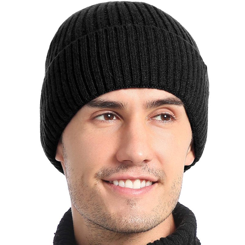 Vgogfly Lined Men Beanie Slouchy Knit Skull Cap Warm Stocking Hats Guys Women Striped Winter Beanie Hat Black - Image 2