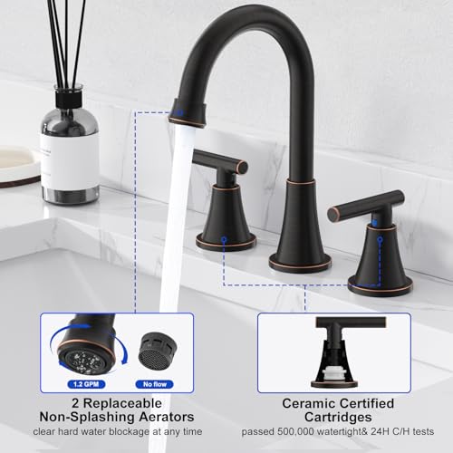 Hurran Bathroom Faucets for Sink 3 Hole, Hurran Oil Rubbed Bronze Bathroom Sink Faucet with Pop-up Drain and Supply Lines, Stainless Steel Lead-Free Widespread Faucet for Vanity RV Farmhouse - Image 4
