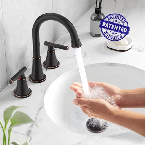 Hurran Bathroom Faucets for Sink 3 Hole, Hurran Oil Rubbed Bronze Bathroom Sink Faucet with Pop-up Drain and Supply Lines, Stainless Steel Lead-Free Widespread Faucet for Vanity RV Farmhouse - Image 2