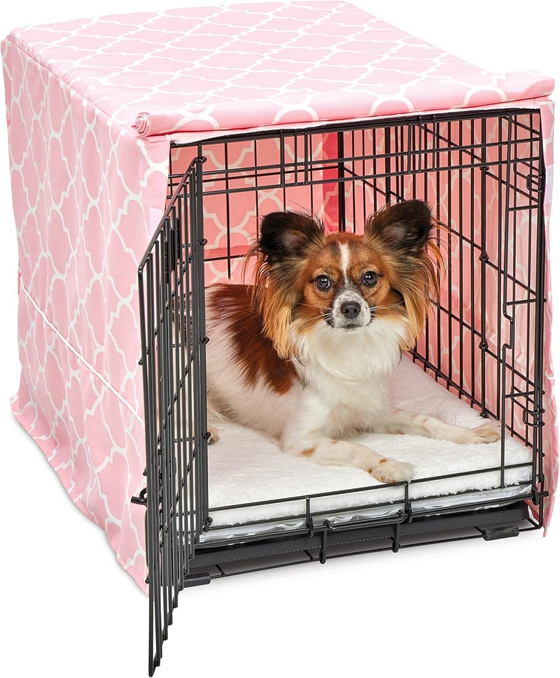 New World Small Dog Crate Cover Featuring Teflon Fabric Protector, Poly-Cotton Privacy Kennel Cover Fits Most 24-inch Crates, Pink Designer Print, Machine Washable, Reduces Barking - Image 1