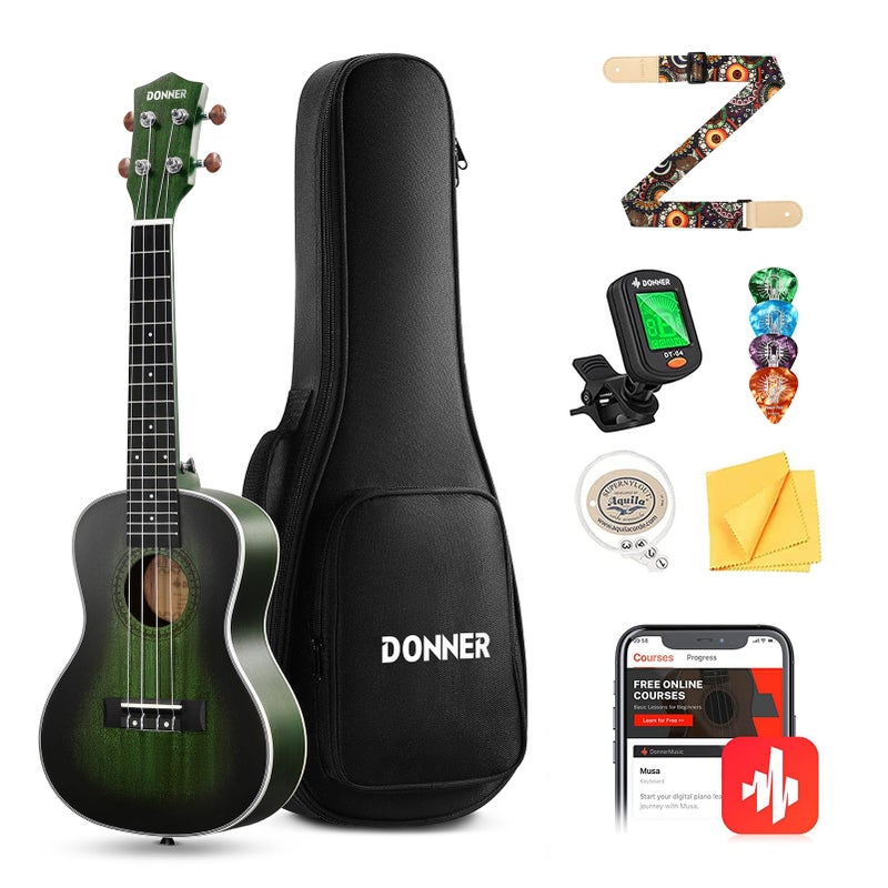 Donner Concert Ukulele Professional 23 Inch Mahogany Ukelele for Adult Beginner Ukele Bundle with Online Lesson Gig Bag Aquila String Pick Tuner Strap Cloth DUC-200G Green - Image 1