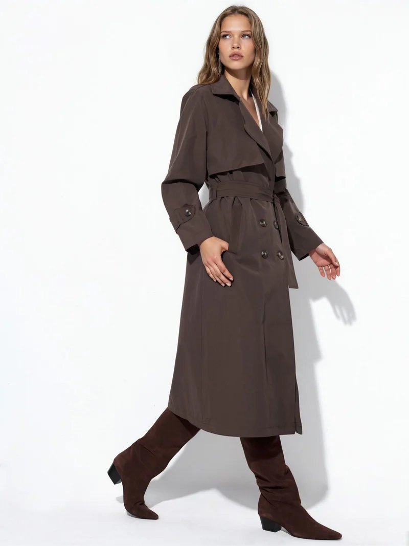 Hiccup Double-Breasted Belted Long Trench Coat