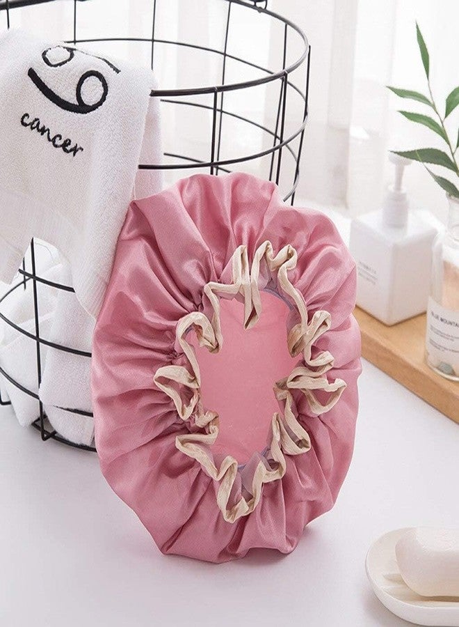 LDG WARE Women Reusable Waterproof Shower Cap, Free Size | Luxurious Satin Double Layer Golden Border Shower Cap (Quantity - 2) - Image 2