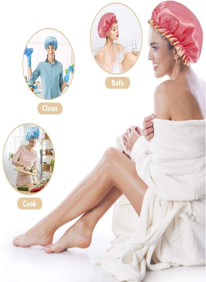LDG WARE Women Reusable Waterproof Shower Cap, Free Size | Luxurious Satin Double Layer Golden Border Shower Cap (Quantity - 2) - Image 3