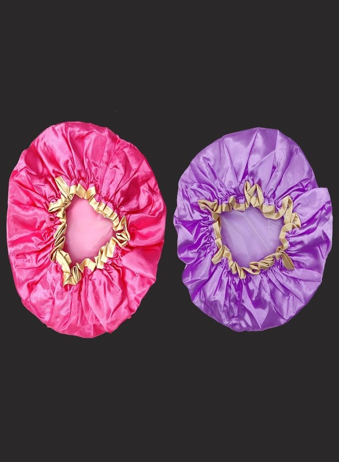 LDG WARE Women Reusable Waterproof Shower Cap, Free Size | Luxurious Satin Double Layer Golden Border Shower Cap (Quantity - 2) - Image 1