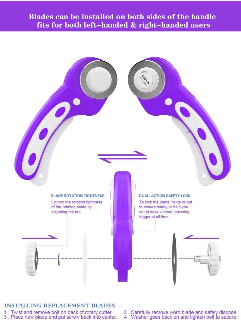 Syarme - Rotary Cutter, 45mm Fabric Rotary Cutter Set with 6 Spare Rotary Blades for Precisely Cutting of Fabric, Leather, Paper, Fibers and More. Includes Storage Box, Precision Knife -  Purple - Image 1