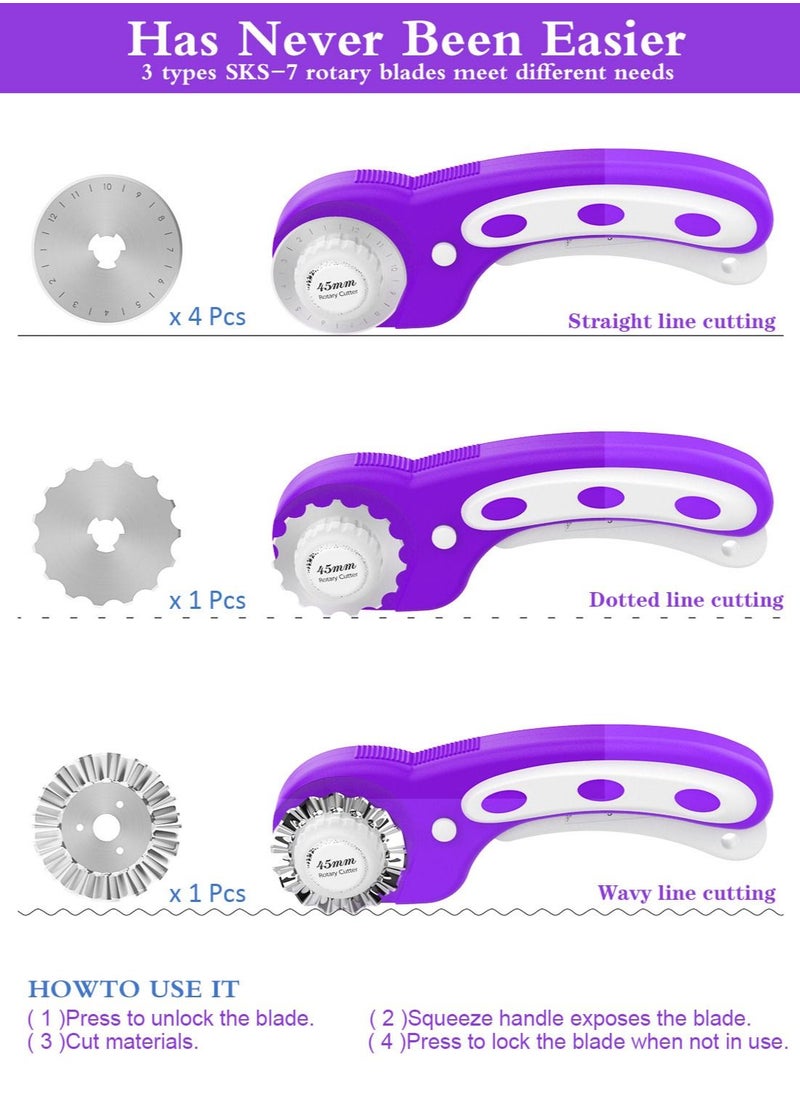 Syarme - Rotary Cutter, 45mm Fabric Rotary Cutter Set with 6 Spare Rotary Blades for Precisely Cutting of Fabric, Leather, Paper, Fibers and More. Includes Storage Box, Precision Knife -  Purple - Image 1