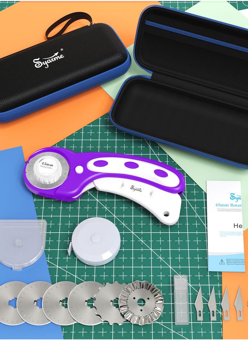 Syarme - Rotary Cutter, 45mm Fabric Rotary Cutter Set with 6 Spare Rotary Blades for Precisely Cutting of Fabric, Leather, Paper, Fibers and More. Includes Storage Box, Precision Knife -  Purple - Image 1