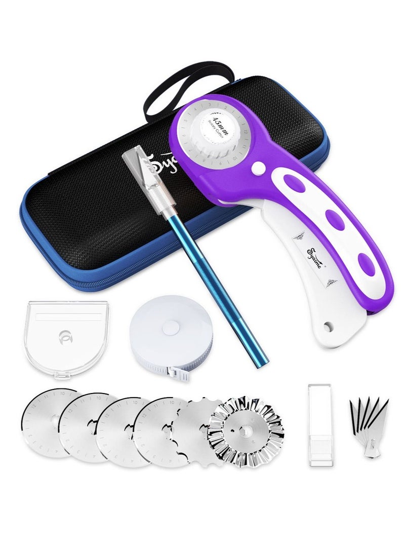 Syarme - Rotary Cutter, 45mm Fabric Rotary Cutter Set with 6 Spare Rotary Blades for Precisely Cutting of Fabric, Leather, Paper, Fibers and More. Includes Storage Box, Precision Knife -  Purple - Image 1