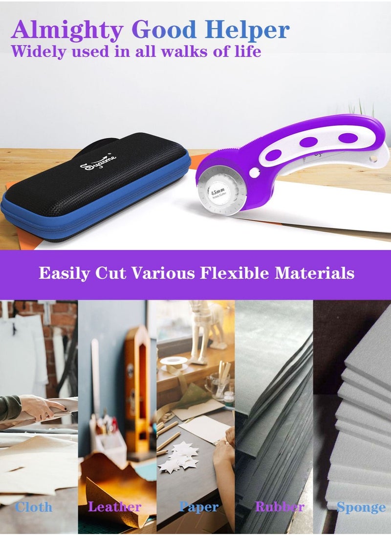 Syarme - Rotary Cutter, 45mm Fabric Rotary Cutter Set with 6 Spare Rotary Blades for Precisely Cutting of Fabric, Leather, Paper, Fibers and More. Includes Storage Box, Precision Knife -  Purple - Image 1