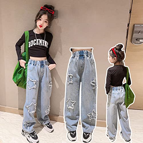 Rolanko Girls Baggy Jeans Elastic Wide Leg Denim Pants Star Pattern Loose Trousers Kids Clothes (Star, 10-12) - Image 3