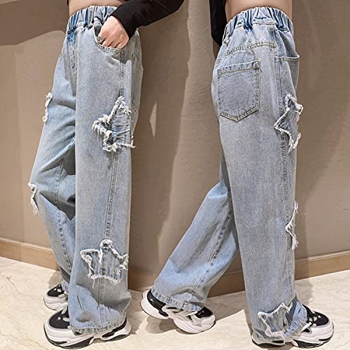 Rolanko Girls Baggy Jeans Elastic Wide Leg Denim Pants Star Pattern Loose Trousers Kids Clothes (Star, 10-12) - Image 2