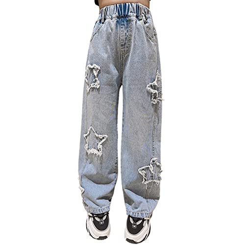 Rolanko Girls Baggy Jeans Elastic Wide Leg Denim Pants Star Pattern Loose Trousers Kids Clothes (Star, 10-12) - Image 5