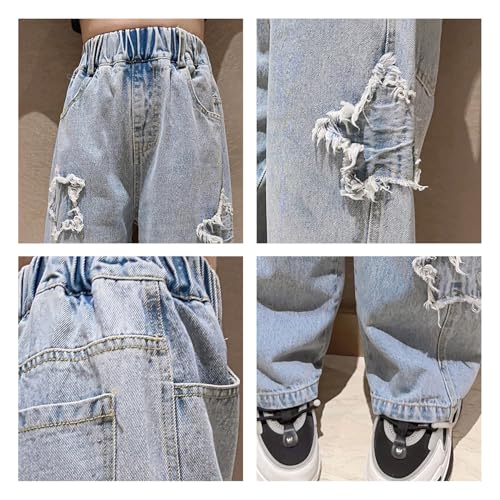 Rolanko Girls Baggy Jeans Elastic Wide Leg Denim Pants Star Pattern Loose Trousers Kids Clothes (Star, 10-12) - Image 4