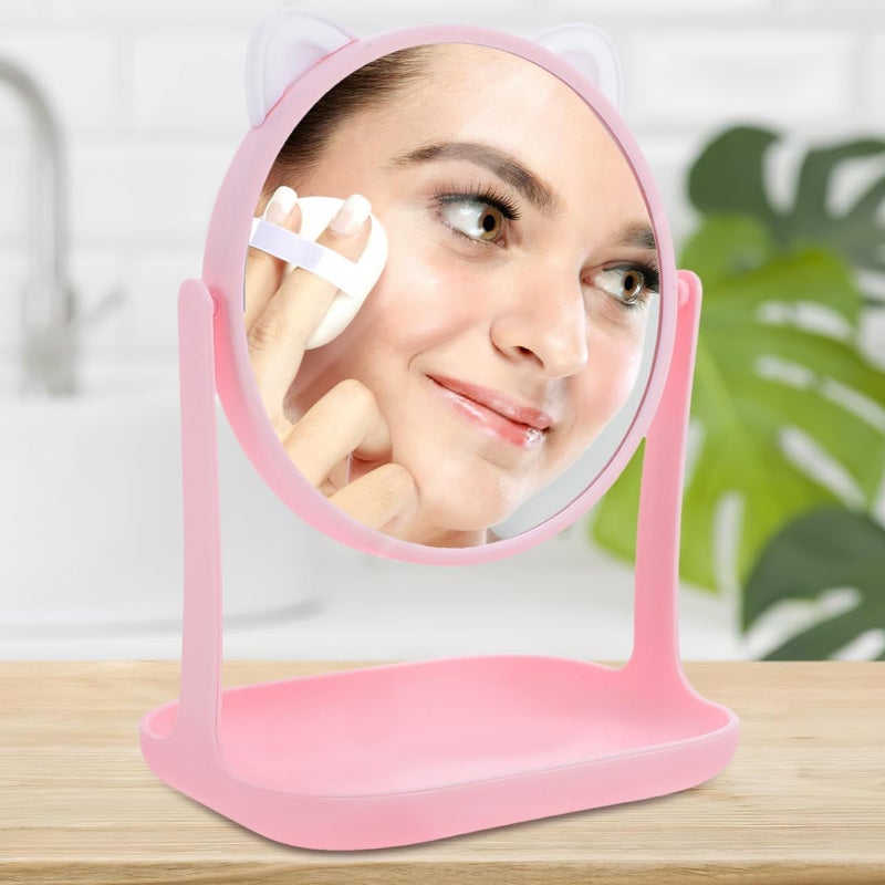 Cat Ear Makeup Mirror Vintage Vanity Girls Bathroom Mirror Rotatable Makeup Mirror Two Sided Cosmetics Mirror Desktop -1PC - Image 4