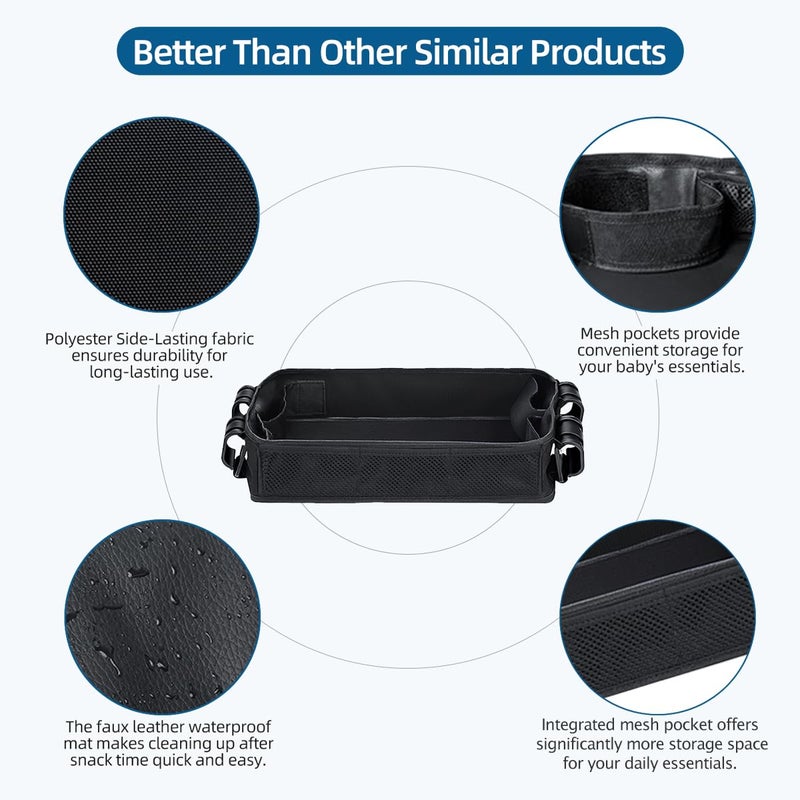 Redcoutt Stroller Snack Tray Compatible with Wonderfold Wagon - Upgraded with Extra Thick Base, Waterproof Faux Leather Sides & Side Mesh Pockets for Added Durability (W2 Series Thickened) - Image 3