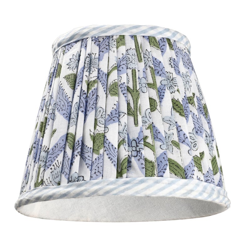 Ridhi Block Print Light Steel Blue Lamp Shade 4" Top x 5" Bottom x 6" Slant Handmade Pleated Cotton Lampshade, Fits E26/E27 Base Table Lamps Boho Vintage Decorative For Bedroom, Living Room - Image 1