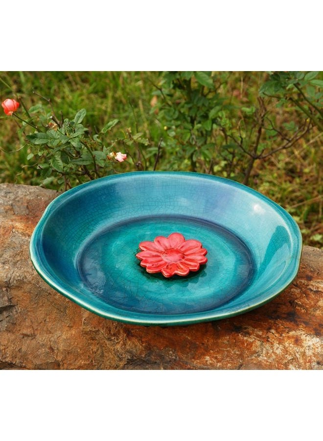 DUSVALLY Birdbath Ceramic Bowl Vintage Decor, Bird Drinker Plate for Outdoor, Garden & Yard, Red Flower 12" - Image 3
