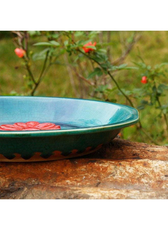 DUSVALLY Birdbath Ceramic Bowl Vintage Decor, Bird Drinker Plate for Outdoor, Garden & Yard, Red Flower 12" - Image 2