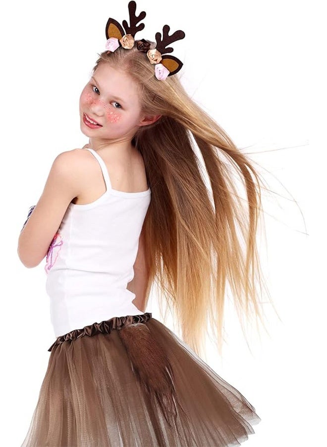 Unewshi Girls' Lovely Reindeer Costume Tutu Skirt Deer Headband Sticker Animal Costume Accessories Set for Kids Party 2-4 Years Polyester Brown - Image 4