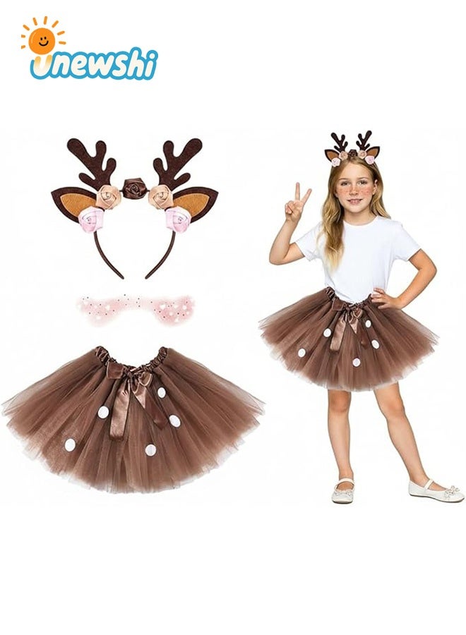Unewshi Girls' Lovely Reindeer Costume Tutu Skirt Deer Headband Sticker Animal Costume Accessories Set for Kids Party 2-4 Years Polyester Brown - Image 1
