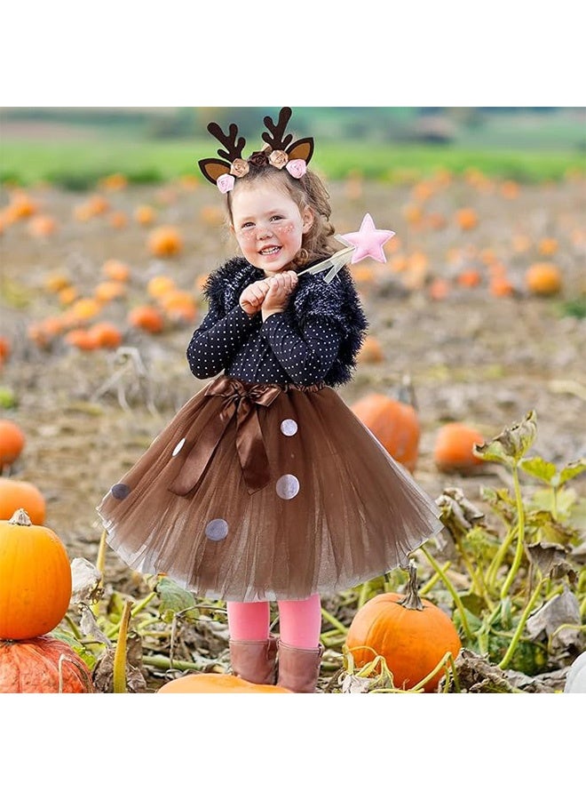 Unewshi Girls' Lovely Reindeer Costume Tutu Skirt Deer Headband Sticker Animal Costume Accessories Set for Kids Party 2-4 Years Polyester Brown - Image 5