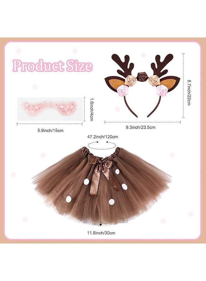 Unewshi Girls' Lovely Reindeer Costume Tutu Skirt Deer Headband Sticker Animal Costume Accessories Set for Kids Party 2-4 Years Polyester Brown - Image 2