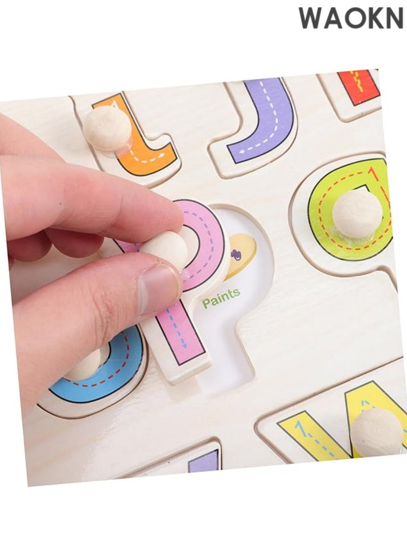 WAOKN English Alphabet Uppercase Puzzle With Knob,Small Alphabet Letters Puzzle Hand-held Knob Baby Wooden Alphabet Educational Toy,Tracing Board Games | Learning and Educational Toys for Kids 3+ Years. - Image 2