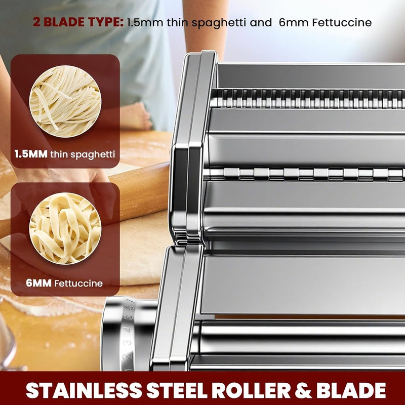 NEWTRY Electric Pasta Maker Machine Noodle Making Dough Roller Press with Detachable Motor 0.2-0.5mm Dough Sheet Thickness Adjustable 1.5mm Pasta 6mm Fettuccine Cutter 110volt for Home Use - Image 3