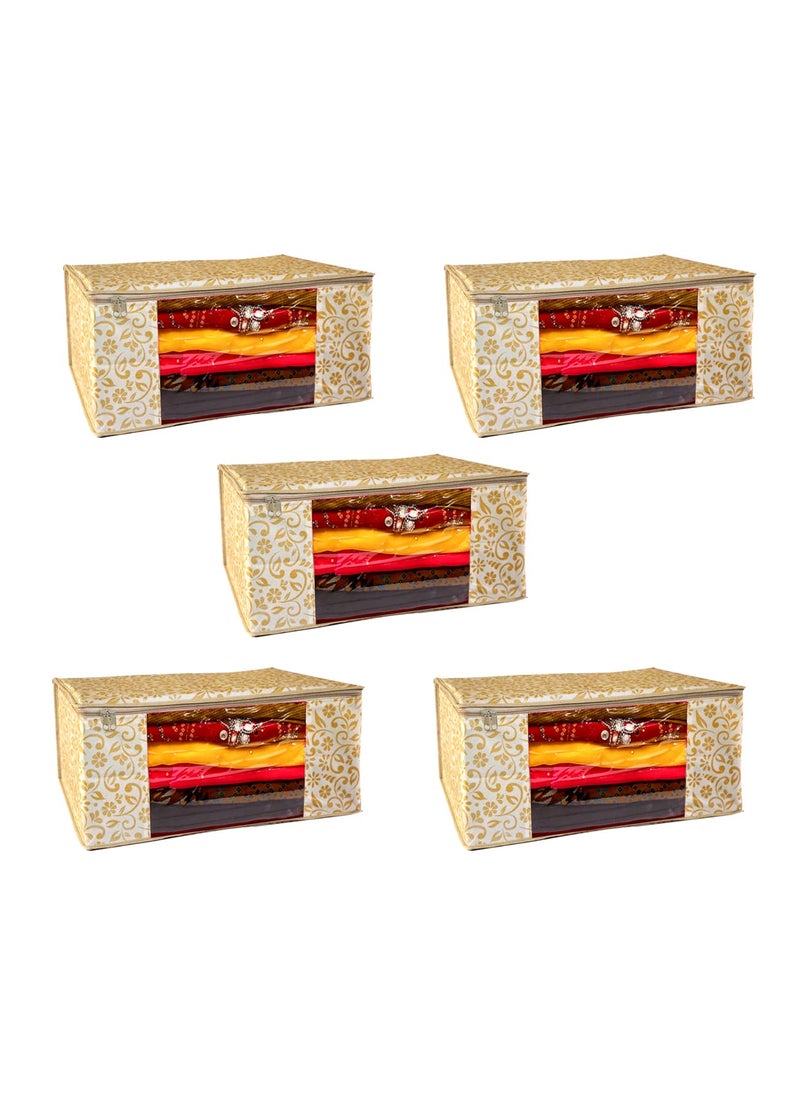 AARON INC AARON INC Non Woven Metallic Print Floral Saree Cover with Zip Closure Garments Protector Cover Clothes Storage Cover Wardrobe Organizer Set of 5 Beige CKT205367  - Image 1