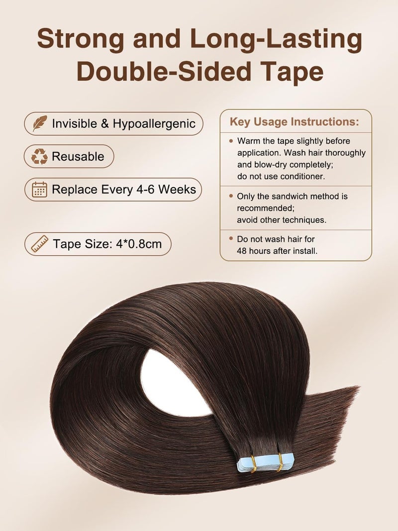 ييليت إكسسوارات شعر YILITE Tape In من شعر بشري، 16 بوصة، 20 قطعة، 40 جرام، مستقيم حريري، شعر ريمي، لون #2 بني غامق (16 ب��صة #2) - Image 4