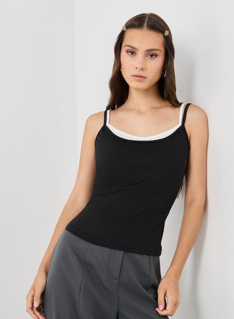 Take Two Solid Contrast Neckline Strappy Cami Top