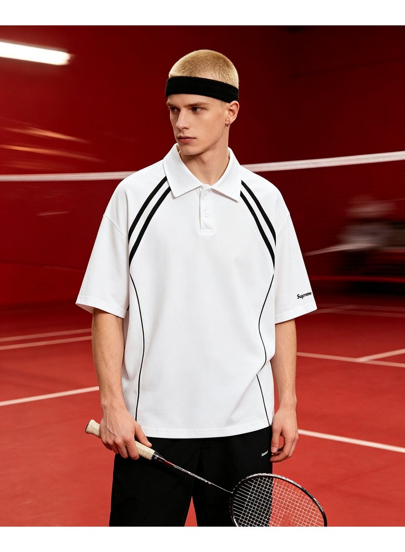 SUPREME shoulder parallel bars cotton couple summer loose sports contrast color short sleeve lapel POLO shirt for men and women with the same paragraph. - Image 5