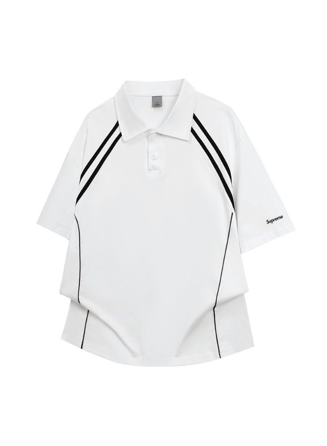 SUPREME shoulder parallel bars cotton couple summer loose sports contrast color short sleeve lapel POLO shirt for men and women with the same paragraph. - Image 3