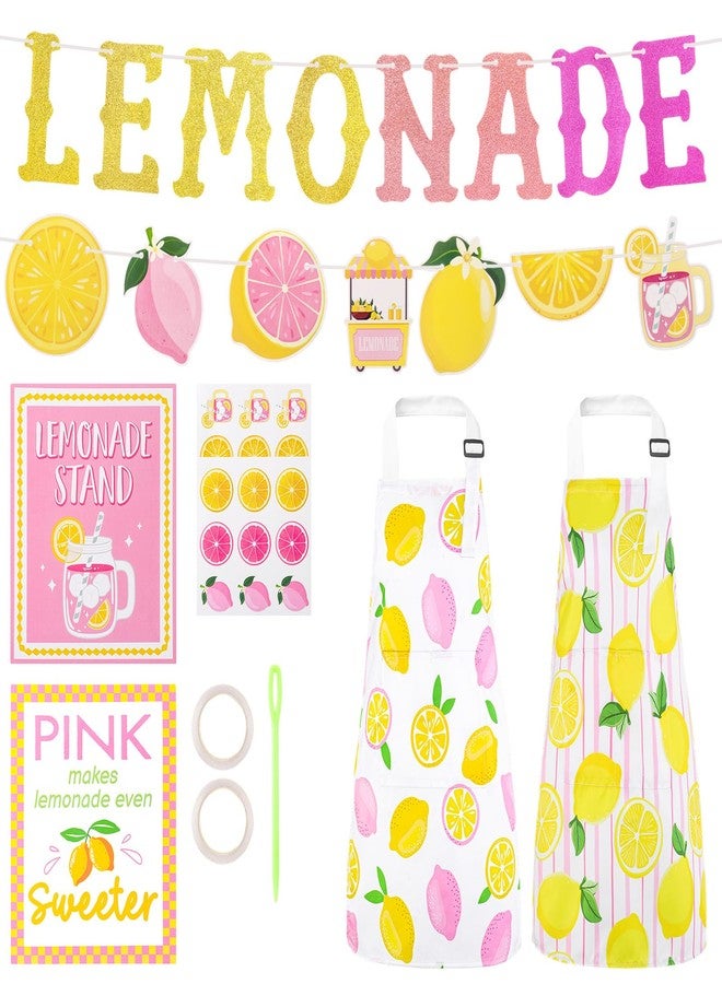 XLSXEXCL Lemonade Stand Supplies, 2 Pack Lemon Kids Aprons with Pockets, 2 Lemonade Banners Posters with Stickers, Lemon Party Decorations for Summer Birthday Baby Shower Party Supplies - Image 1