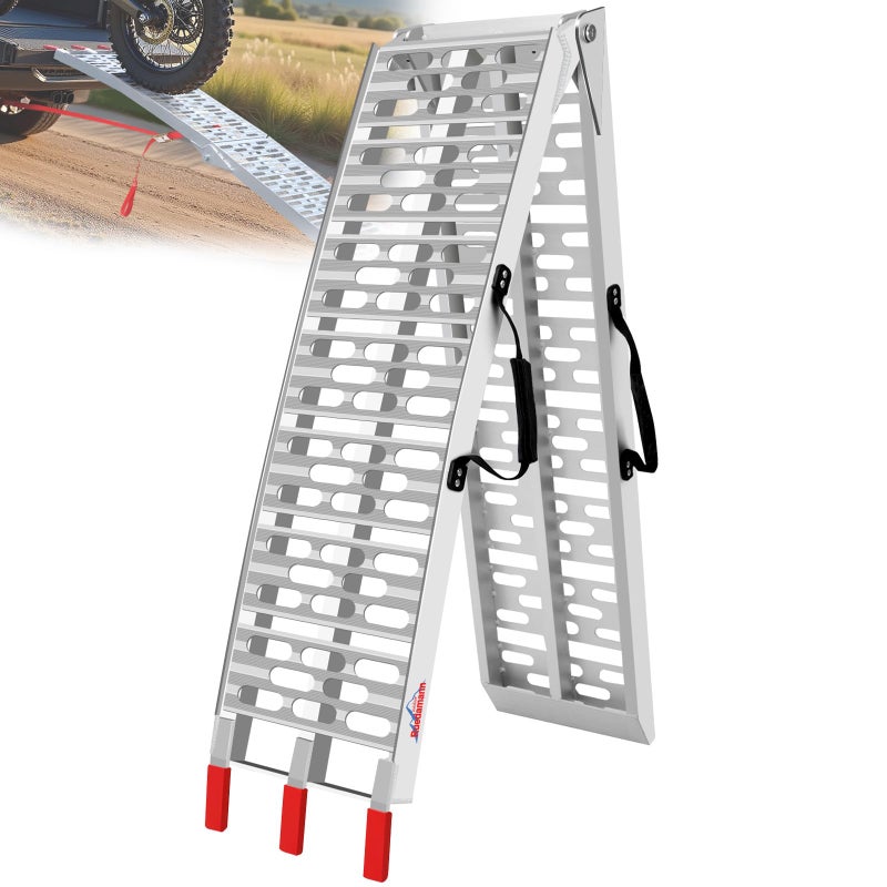 Ruedamann 75FT Aluminum Motorcycle Ramp 750 lbs Capacity Folding Truck Ramp for ATV Motorcycle Lawn Mower Dirt Bike Ribbed Plate Traction RubberTipped Fingers Load Straps Included 1 PC - Image 3