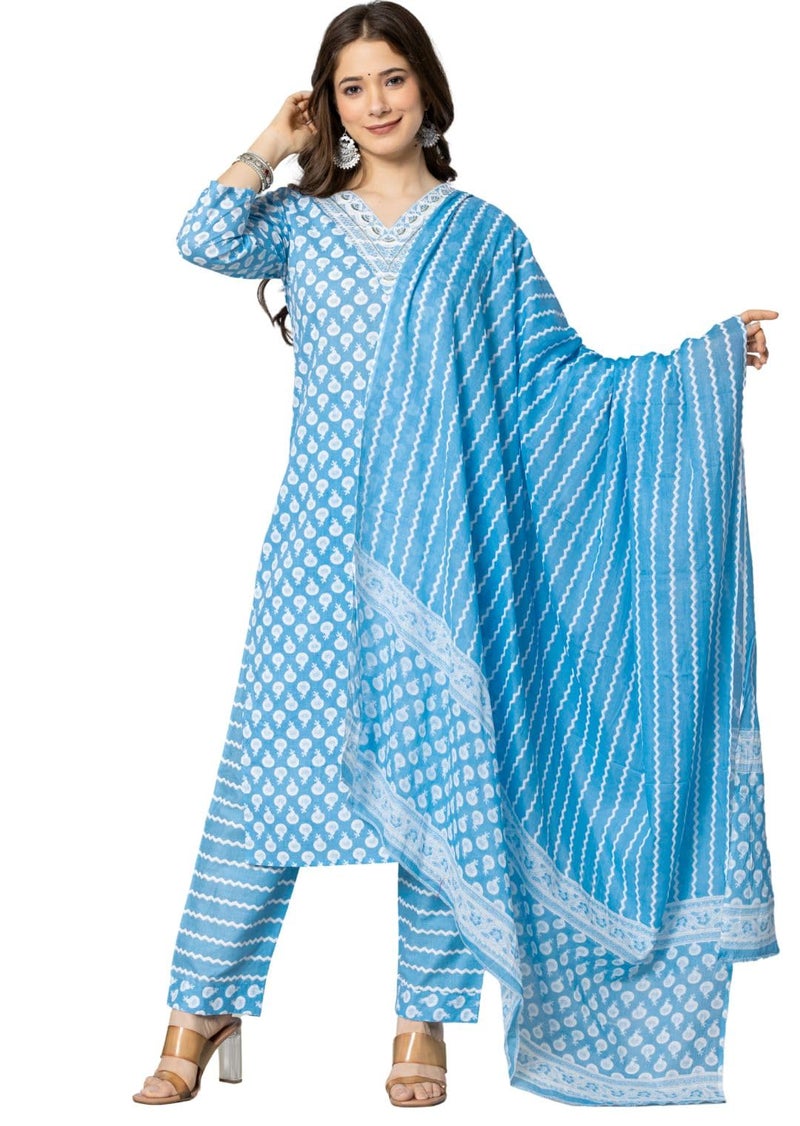 rytras Women's Pure Cotton Printed Straight Kurta Set with Palazzo Pants & Dupatta- Ethnic Wear, Blue(RYT586-New,M) - Image 4